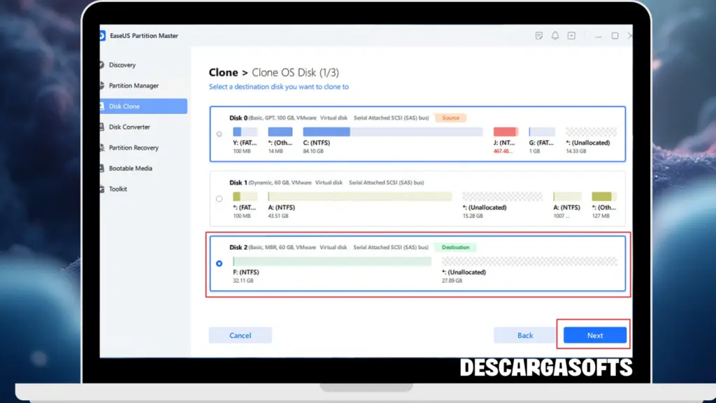 Captura de pantalla de EaseUS Disk Copy Pro 2 Captura de pantalla de EaseUS Disk Copy Pro 2