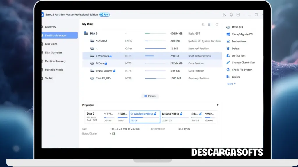 Captura de pantalla de EaseUS Partition Master 1 Captura de pantalla de EaseUS Partition Master 1
